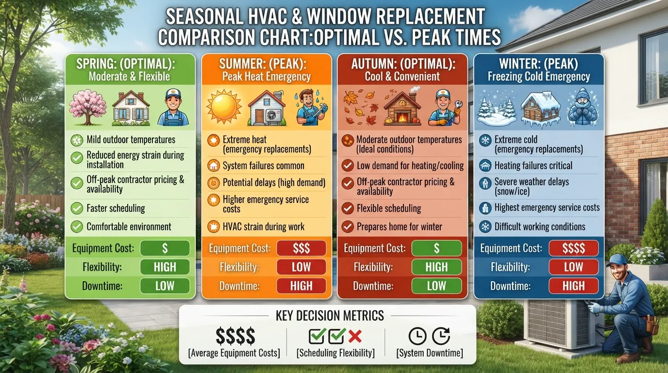 A comprehensive seasonal calendar graphic comparing spring, summer, autumn, and winter to help homeowners determine the best time of year to replace their HVAC system.