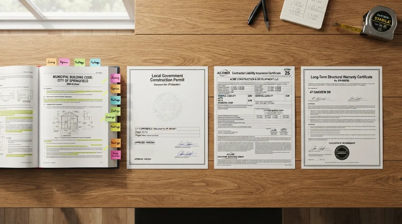 A detailed document and clipboard showing a construction building permit, municipal building codes, contractor liability insurance policy, and a structural warranty agreement.