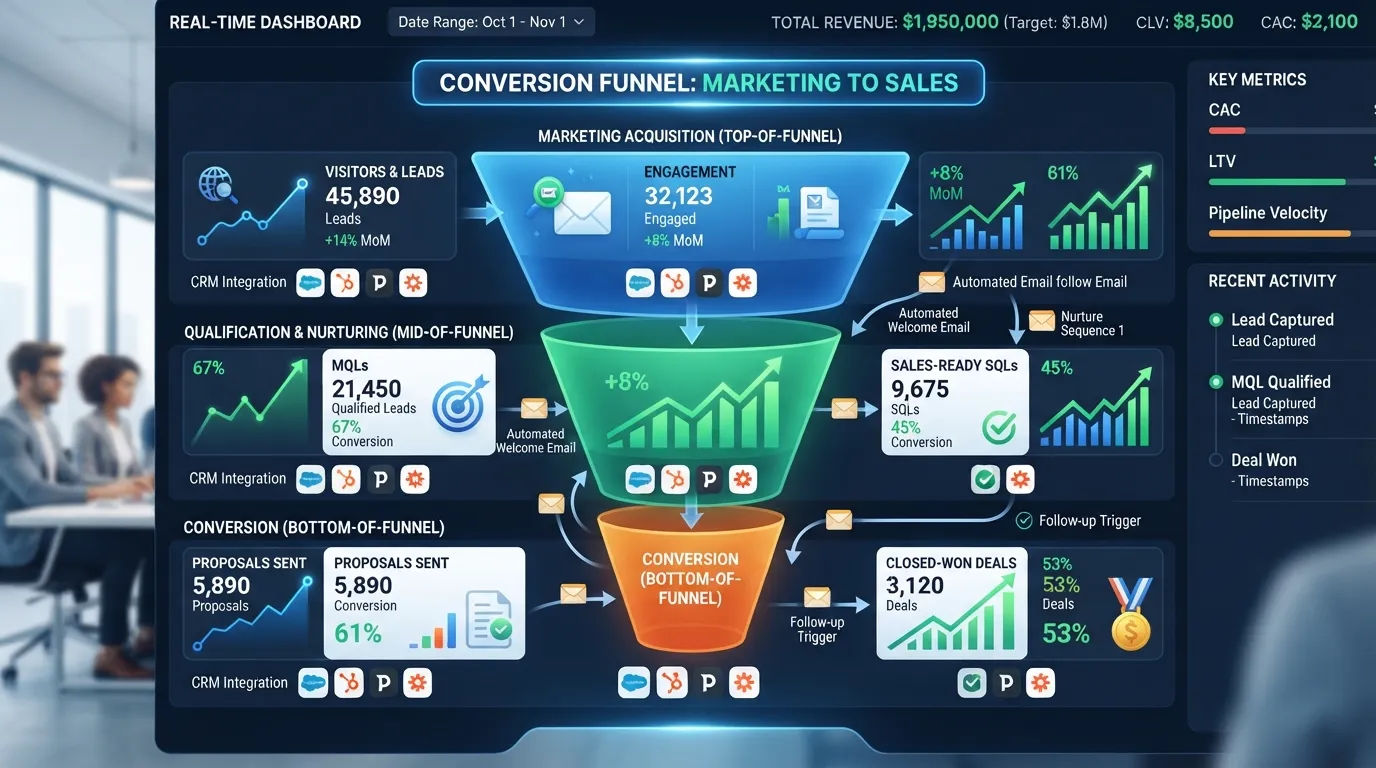 A business dashboard displaying lead generation pipelines, conversion rate metrics, and customer tracking funnels on a computer screen.