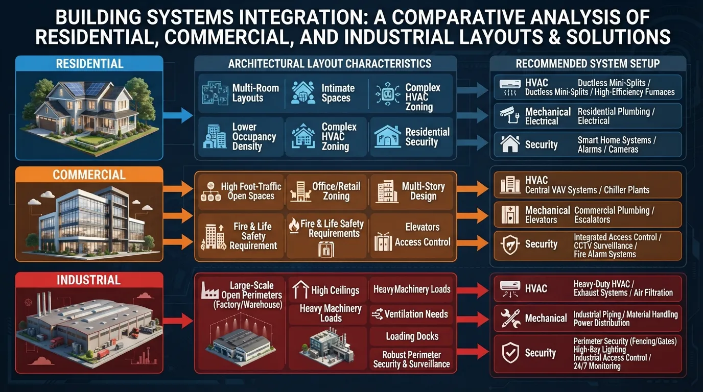 Infographic chart comparing different building types—such as residential, commercial, and industrial—matched with their ideal HVAC or security system types.