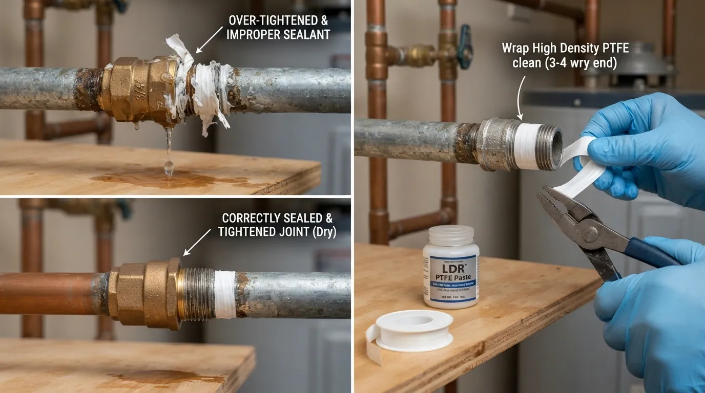 Close-up of a leaking threaded plumbing joint wrapped with polytape showing water drops, highlighting common FIP installation errors and repairs