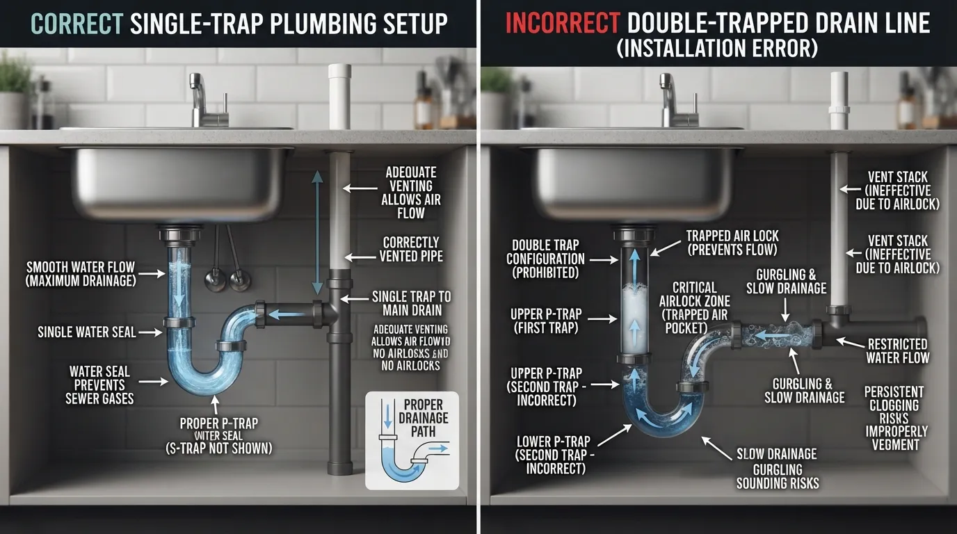 Cross-section diagram illustrating the common plumbing mistake of double trapping under a sink, showing how two consecutive traps restrict water flow and cause clogs.