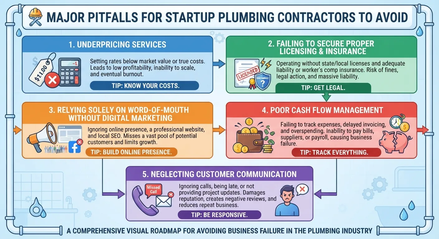 Infographic illustrating common business mistakes made by new plumbing company owners, including poor pricing, lack of licensing, and neglecting marketing.