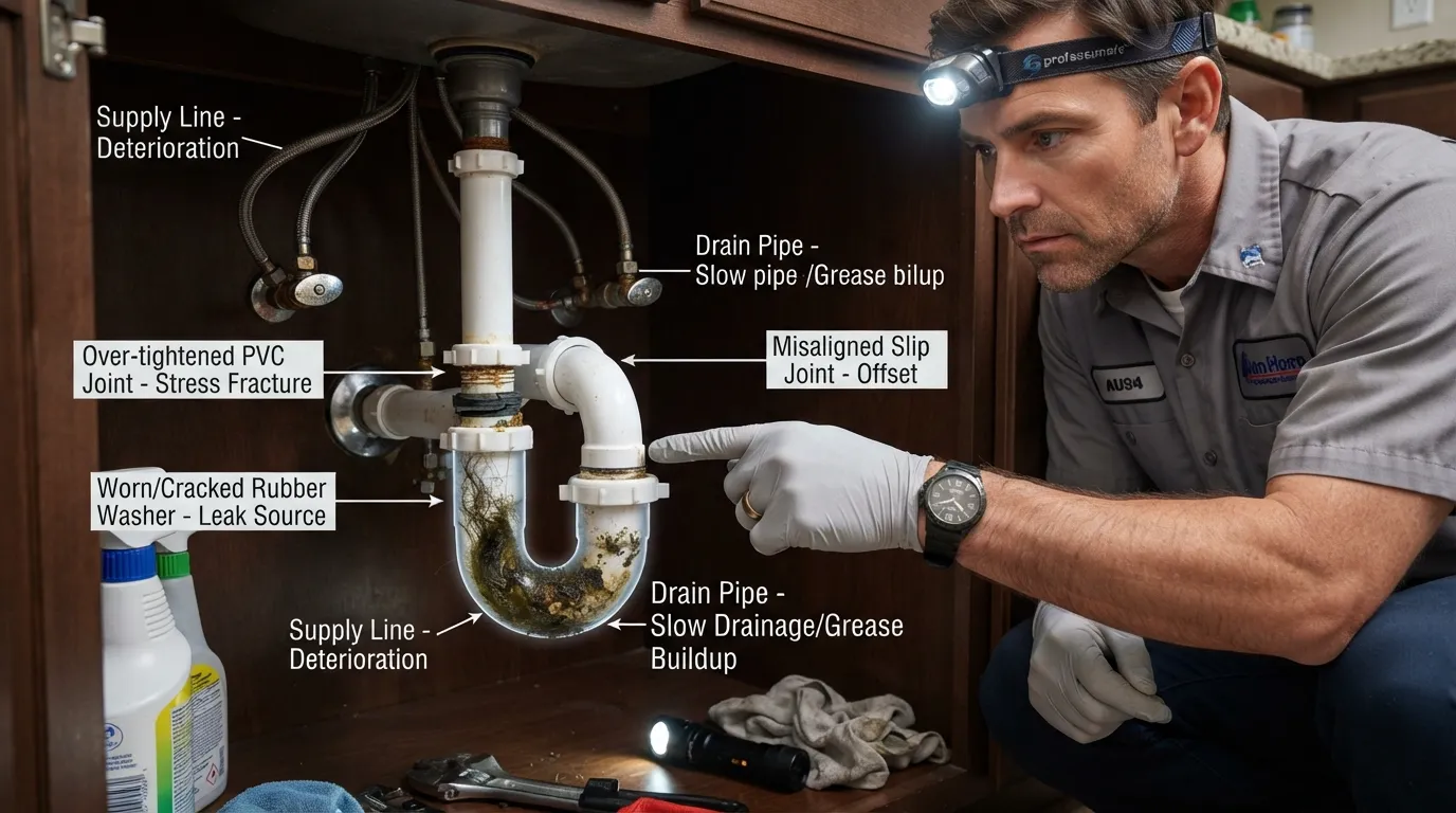 Close-up photo of a plumber inspecting a residential pipe joint and P-trap under a sink, highlighting common causes of water leaks and slow drains.