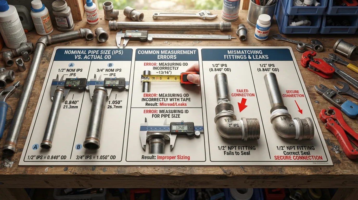 Incorrectly measured pipe diameter using a caliper next to an IPS size chart to highlight common plumbing mistakes