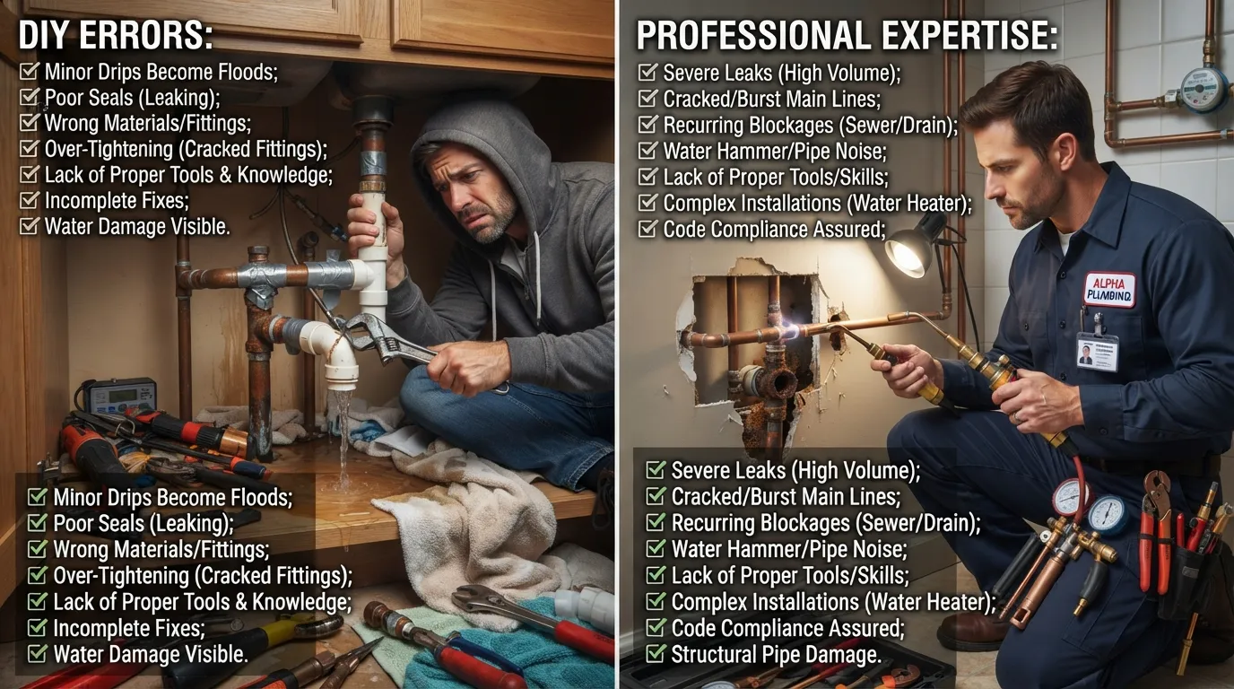 Professional plumber inspecting complex pipe connections to highlight DIY errors and when expert help is required