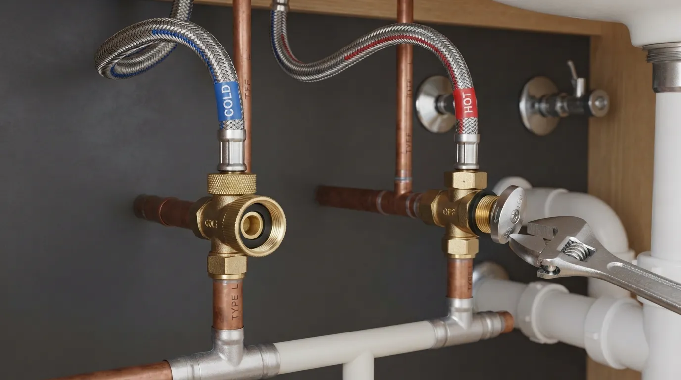 Plumber hands connecting flexible braided stainless steel water supply lines to shut-off valves under a sink or appliance.
