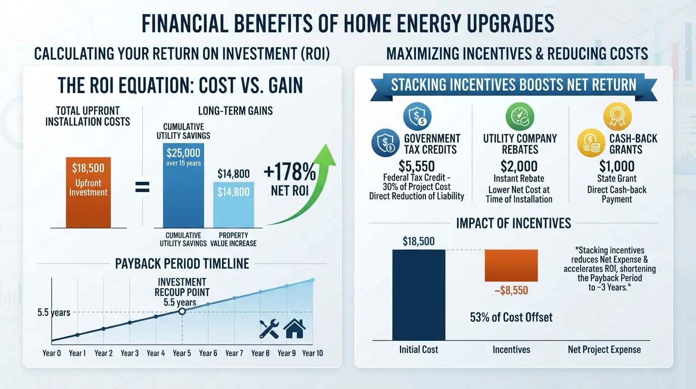 Infographic illustrating home improvement cost return on investment calculation alongside available utility rebates and financial savings.