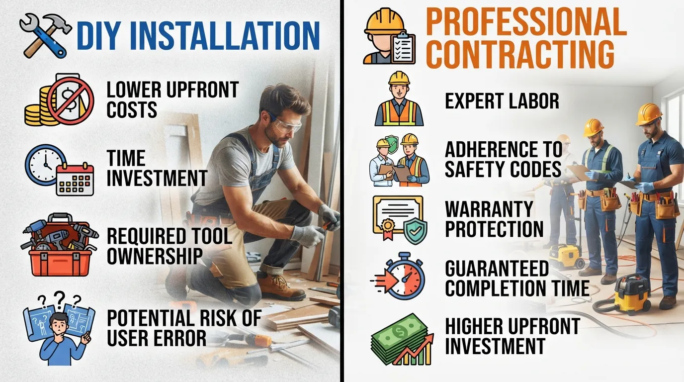A side-by-side comparison showing a homeowner doing DIY installation with tools versus a certified professional contractor completing a setup.