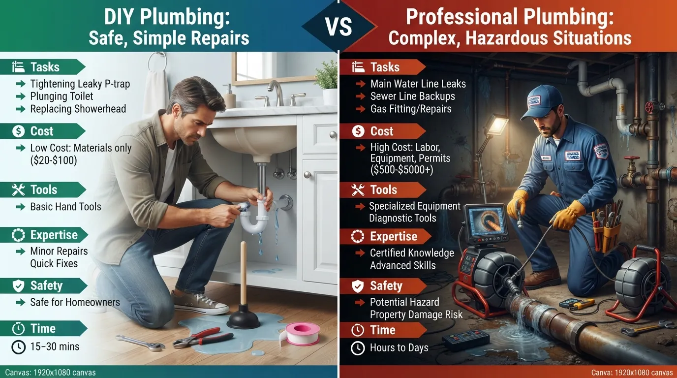 A split comparison image showing a homeowner fixing a sink trap on one side and a licensed plumber working on complex pipe repairs with professional tools on the other.
