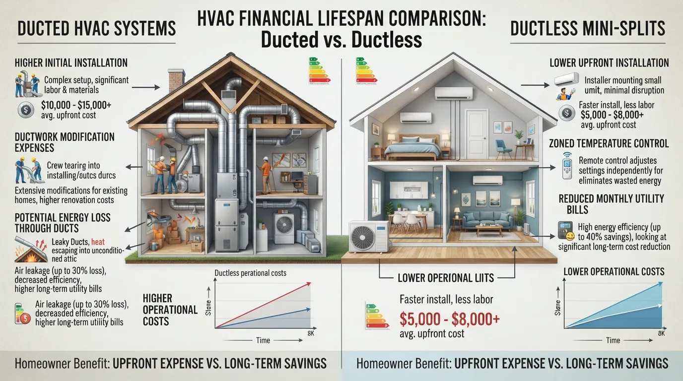 Infographic comparing the long-term installation, energy efficiency, and maintenance costs of ducted systems versus ductless mini-splits.
