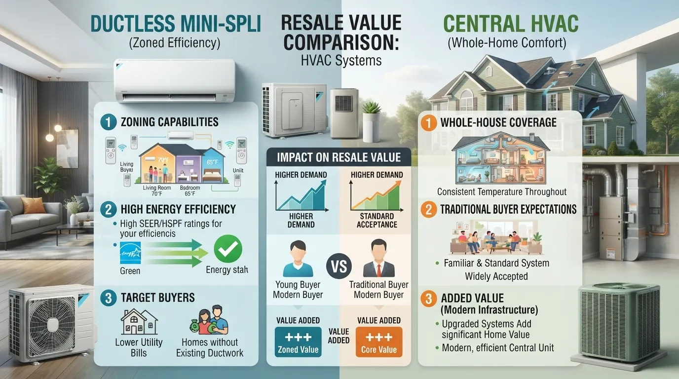 A side-by-side comparison infographic showing a modern wall-mounted ductless mini-split unit and a central HVAC thermostat, highlighting their impact on home resale value.