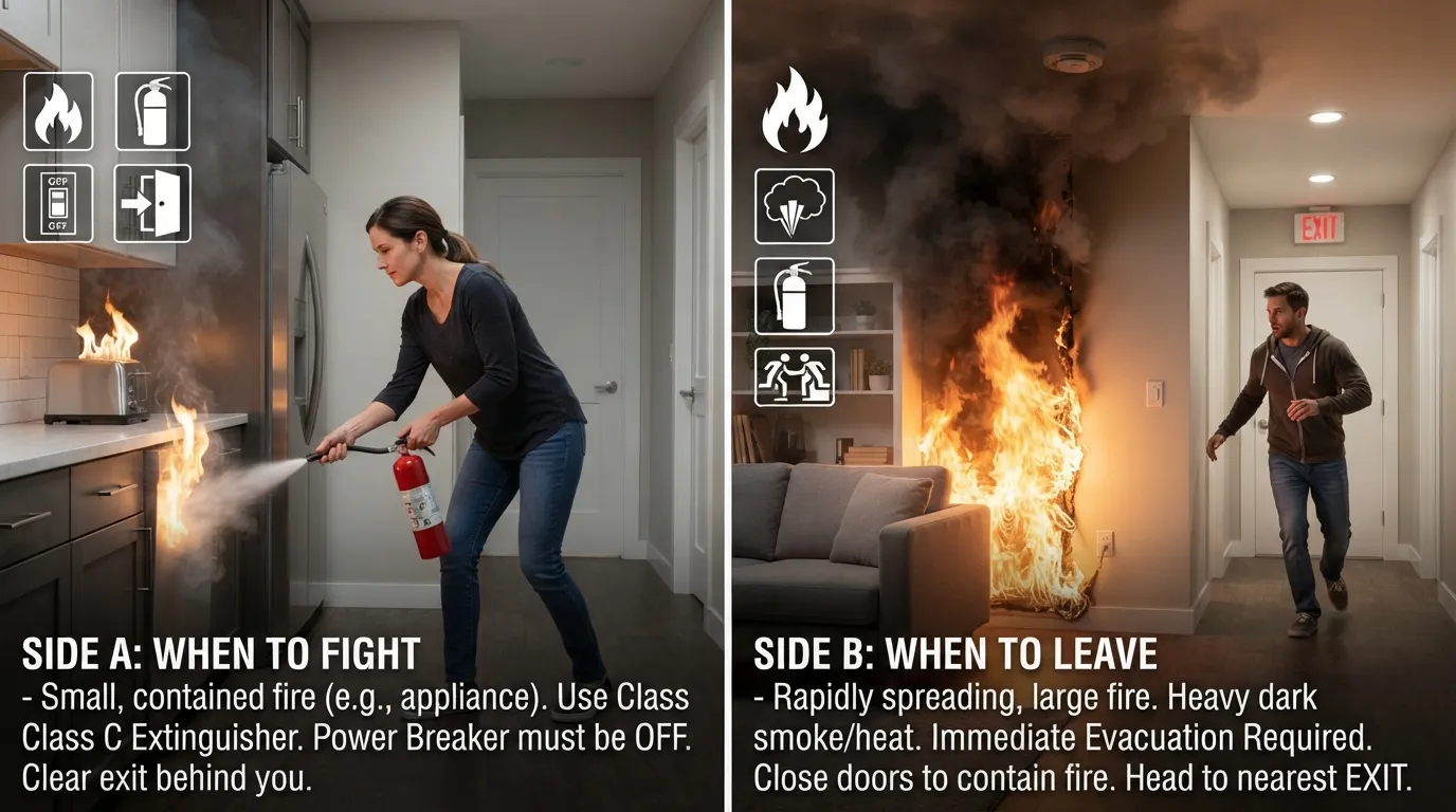 A person deciding between using a fire extinguisher on a small appliance fire or evacuating the room safely, illustrating electrical fire response guidelines.