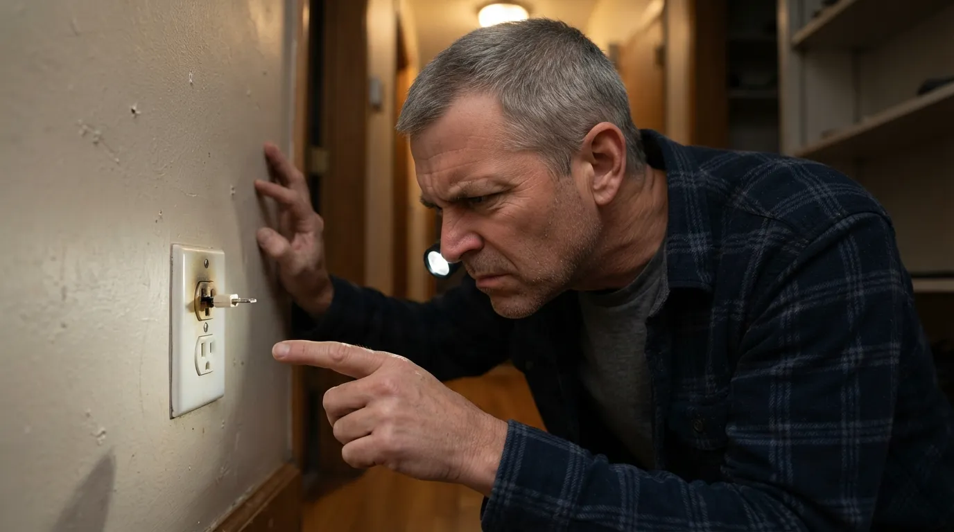 A close-up view of a person smelling a warm electrical wall outlet, illustrating the warning signs of a hidden electrical fire before it starts.