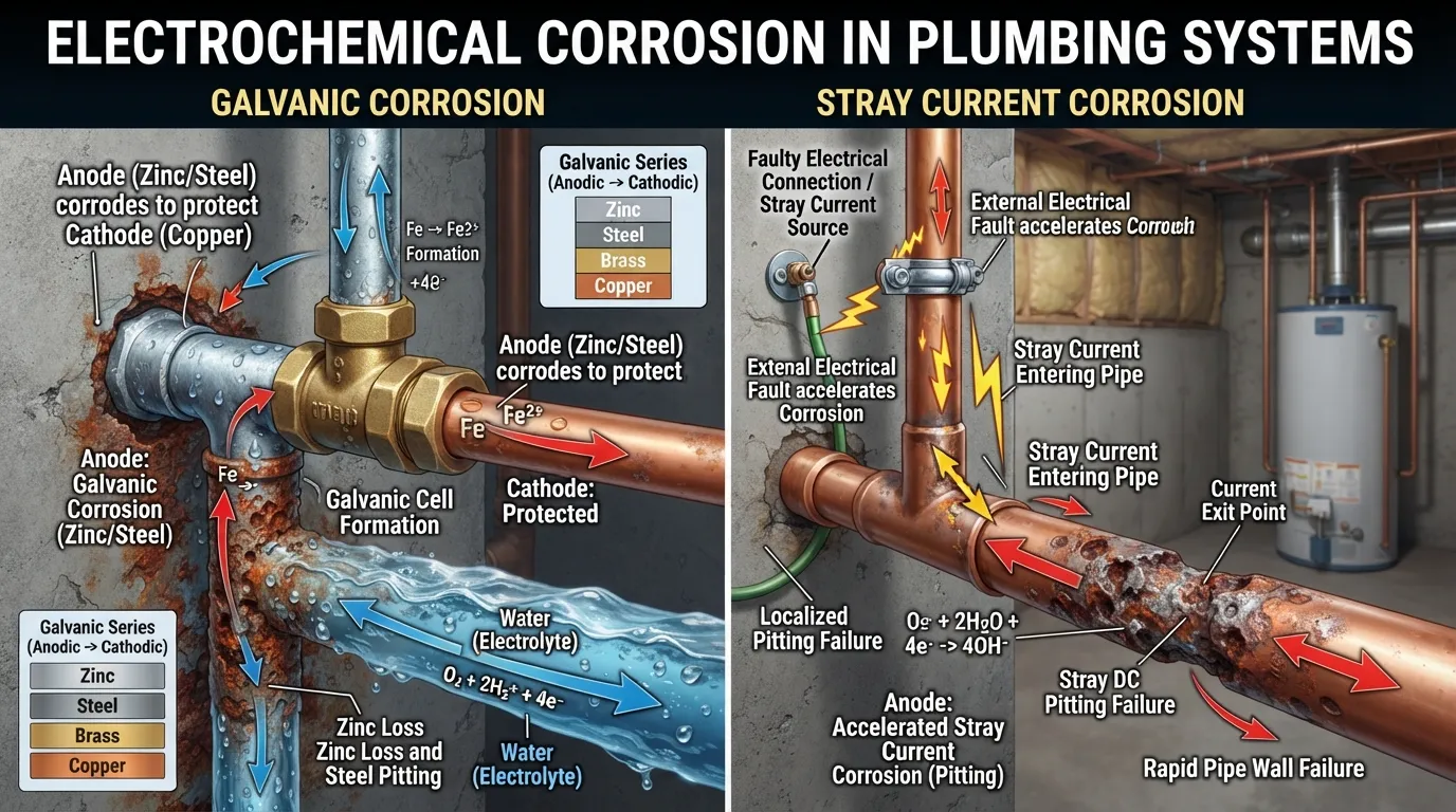 Close-up of dissimilar metal pipe connections and grounding wires showing galvanic corrosion and electrochemical reactions