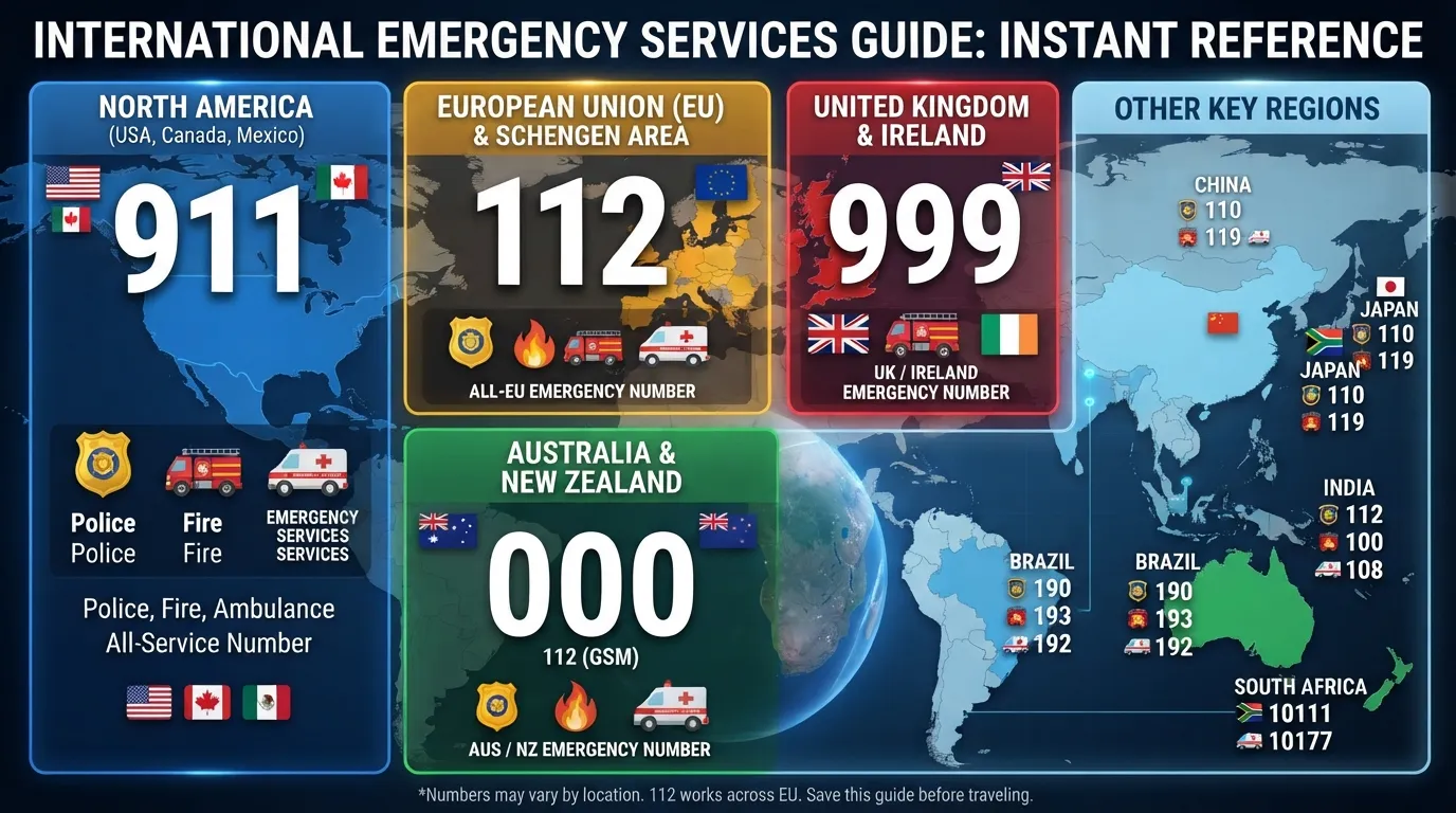 A comprehensive world map graphic and reference list showing key international emergency phone numbers, including 911 for the USA, 112 for Europe, and 999 for the UK.