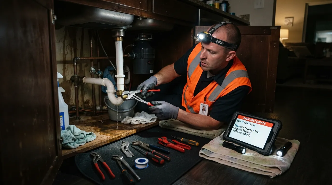 A professional plumber working on pipes at night, illustrating emergency plumbing repair services and after-hours callout costs.