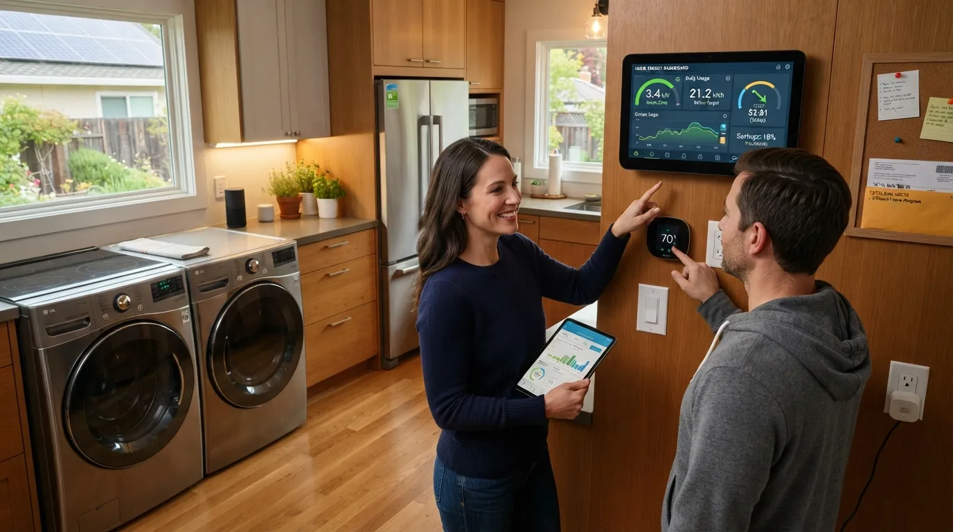A real home environment showing an energy meter monitoring efficient appliance usage and smart power consumption.