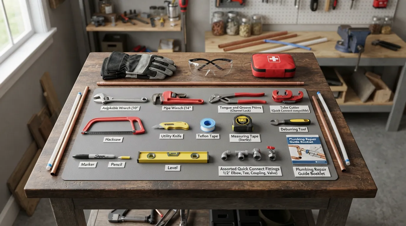 Flat lay of essential plumbing tools including adjustable wrenches, safety gloves, safety glasses, and pipe cutters laid out neatly on a workbench