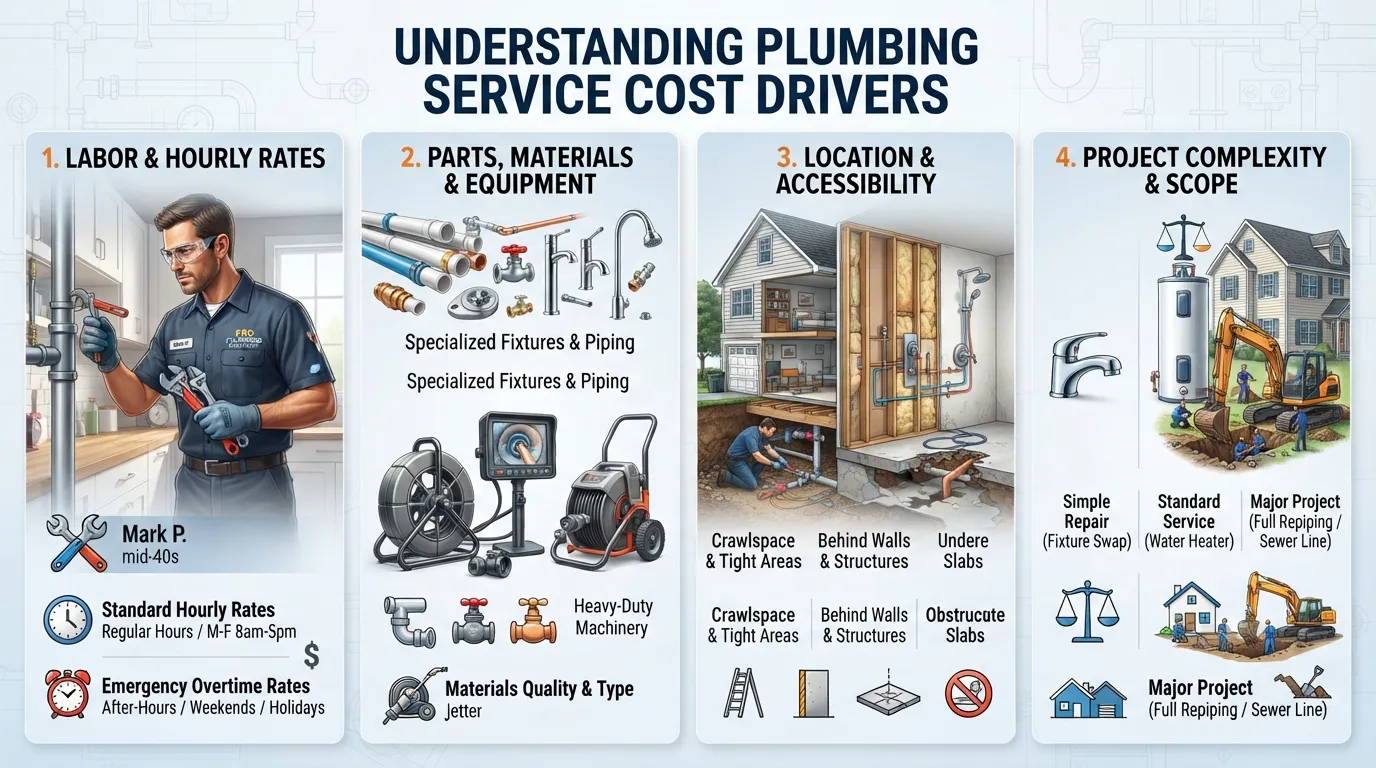 Infographic illustrating the key factors that affect plumbing repair and installation costs, including labor rates, parts, emergency timing, and project complexity.