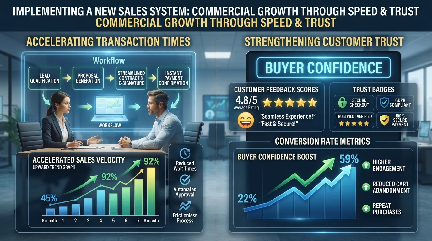 A business dashboard displaying increased sales metrics and customer satisfaction analytics to illustrate a new sales system improving buyer confidence.