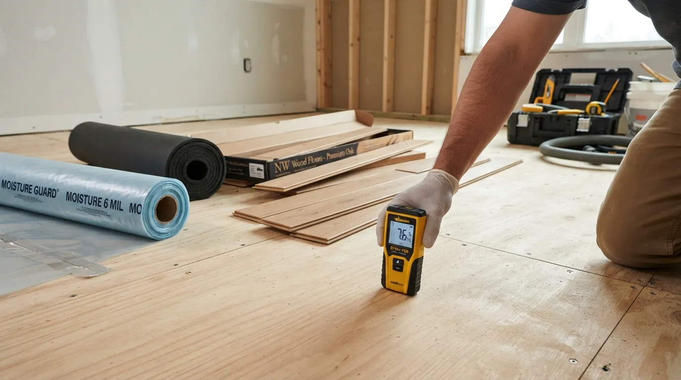 A professional flooring installer preparing a subfloor and checking moisture levels before laying down hardwood planks, illustrating key installation essentials that determine floor lifespan.