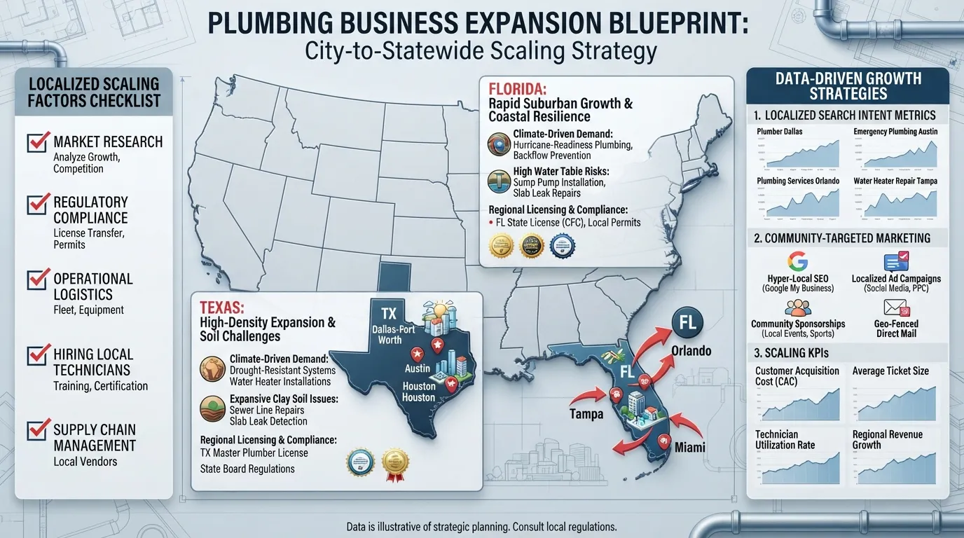 A conceptual graphic comparing local plumbing business growth strategies across different states like Florida and Texas with a regional map and target metrics.