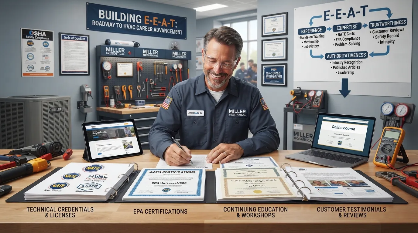 Professional HVAC technician reviewing career development and industry certification credentials on a laptop in a modern workshop.