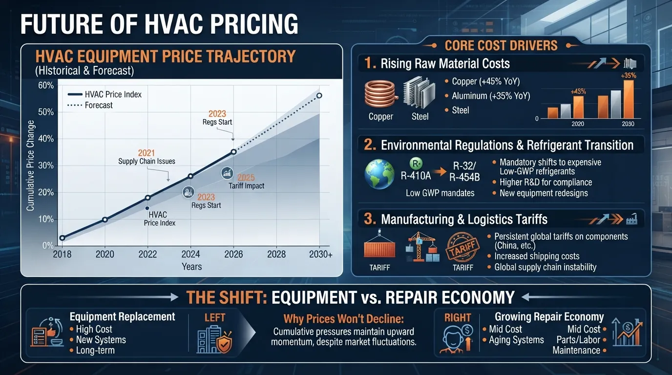 Infographic showing HVAC market price trends, illustrating rising equipment costs, raw material pressures, and regulatory transition factors influencing future pricing.
