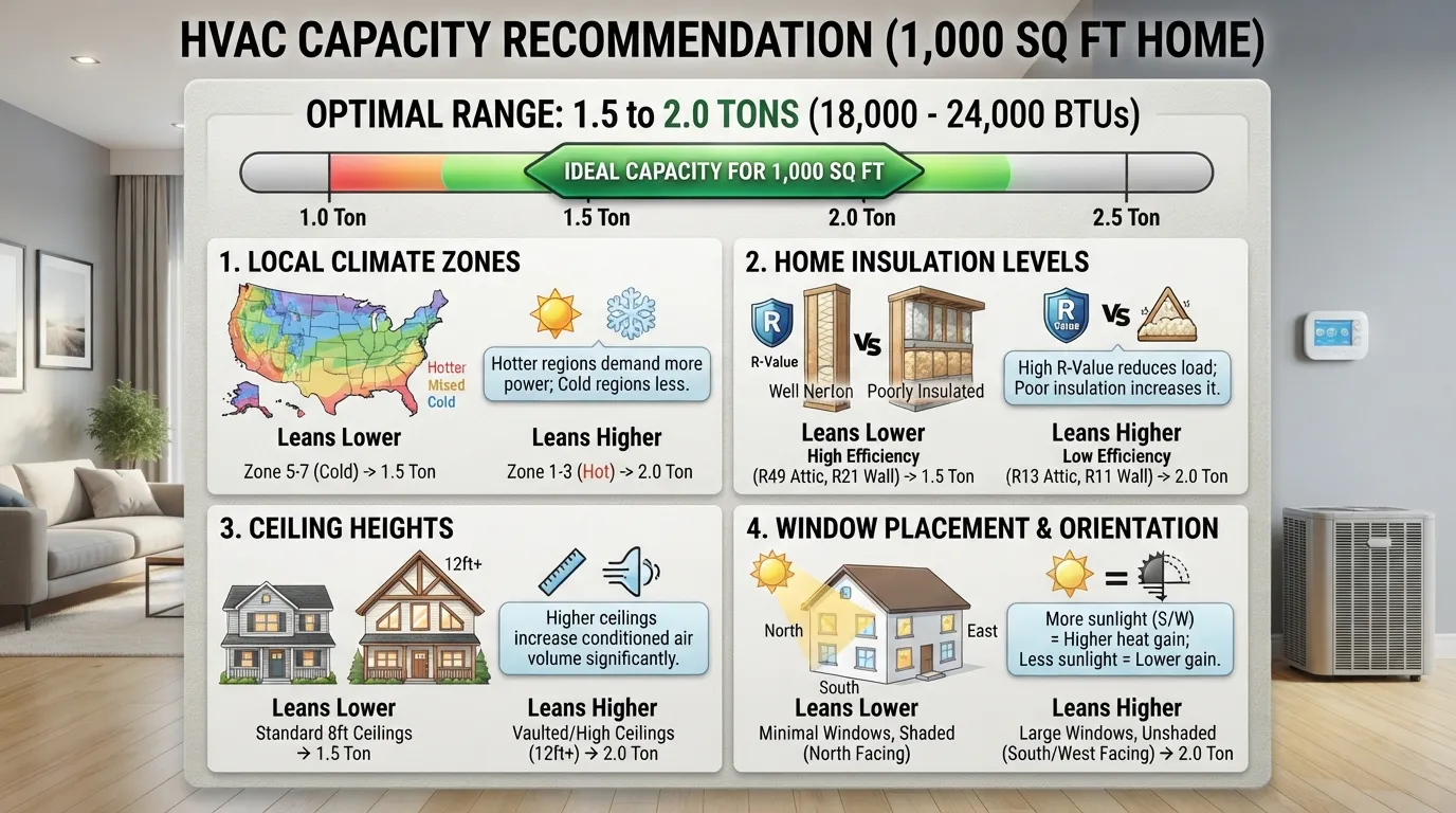 An HVAC sizing guide infographic showing that a 1,000 square foot home typically requires a 1.5 to 2-ton heating and cooling unit.