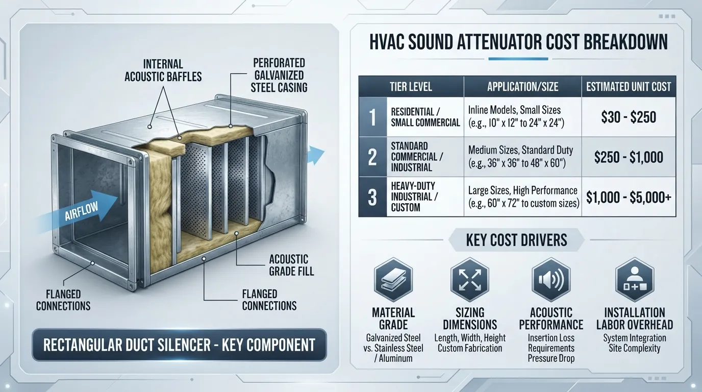 A detailed cost comparison chart and commercial HVAC sound attenuator units illustrating pricing factors, material types, and unit expenses.