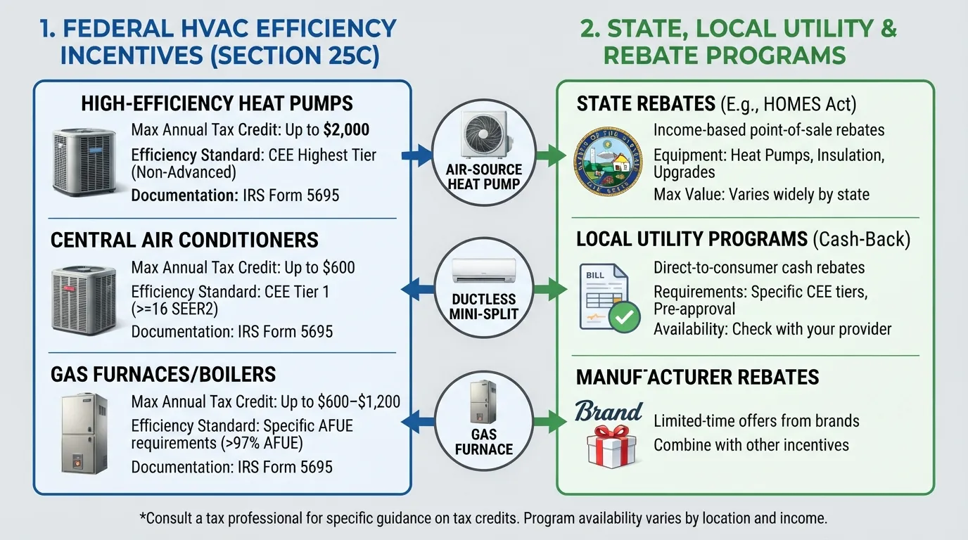 Infographic illustrating HVAC tax credits and utility rebates for energy-efficient heat pumps, air conditioners, and furnaces, detailing savings categories and eligibility requirements.