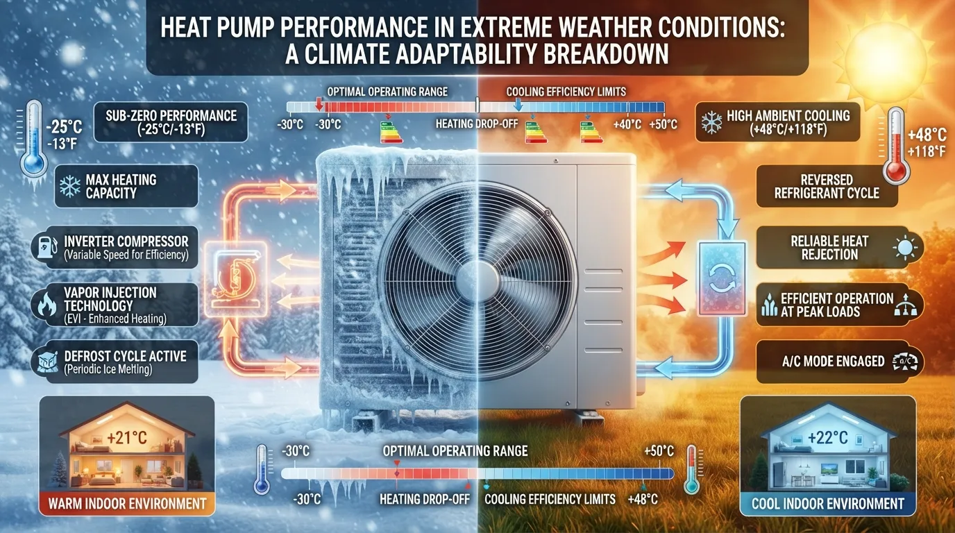 A side-by-side comparison infographic showing a modern heat pump unit operating efficiently during a freezing snowy winter and a hot summer day, with temperature gauges and efficiency indicators.