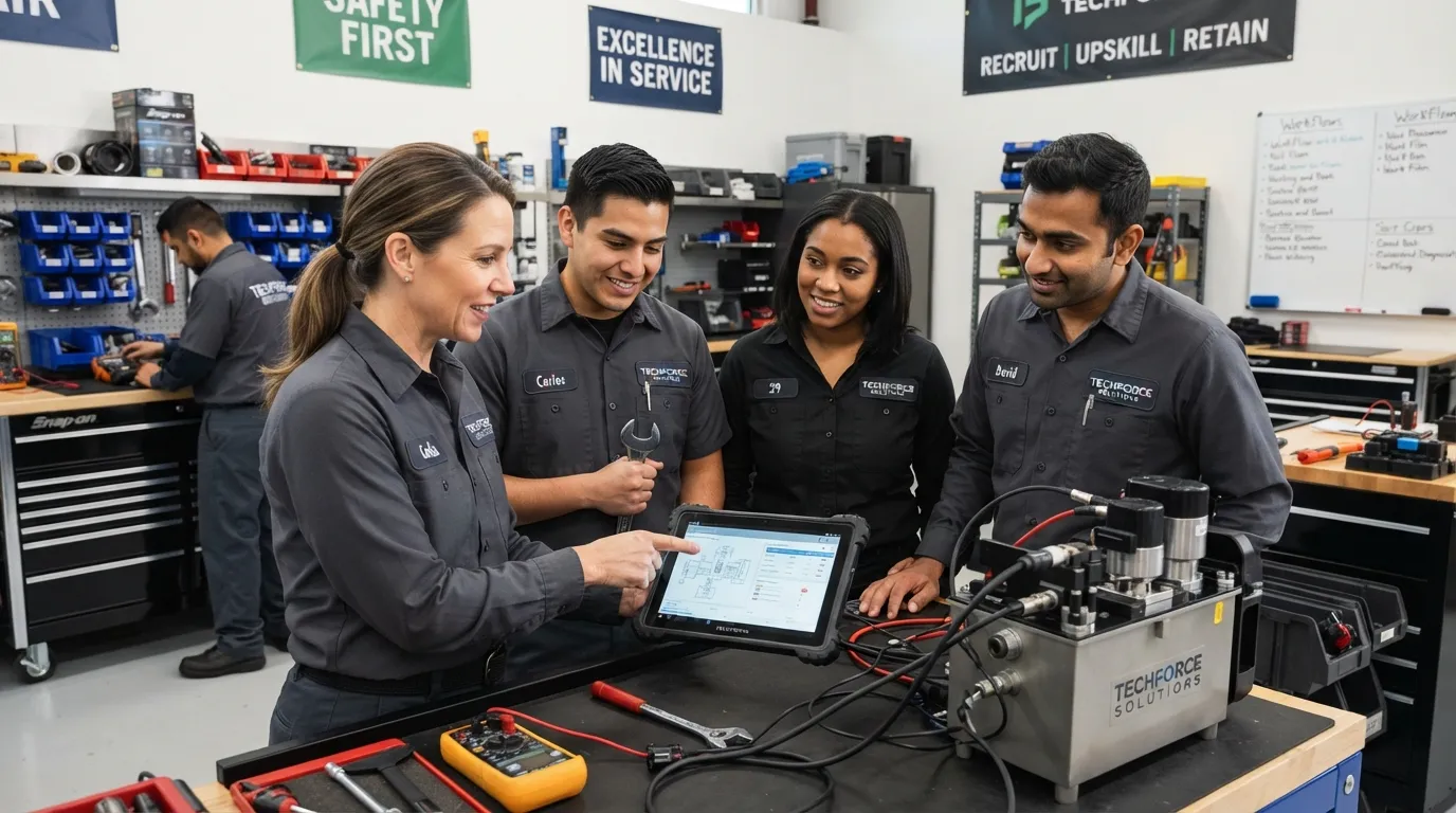 A service manager leading an engaging training session for a skilled team of automotive and HVAC technicians in a modern workshop.