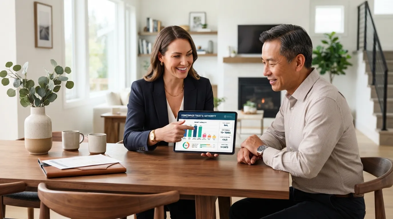 A real estate professional and a homeowner reviewing trust and expertise data on a tablet inside a modern home.