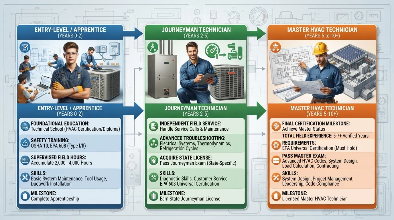 A detailed career timeline chart illustrating the step-by-step progression from an HVAC apprentice to a fully licensed master HVAC technician, including required hours of experience and certification milestones.