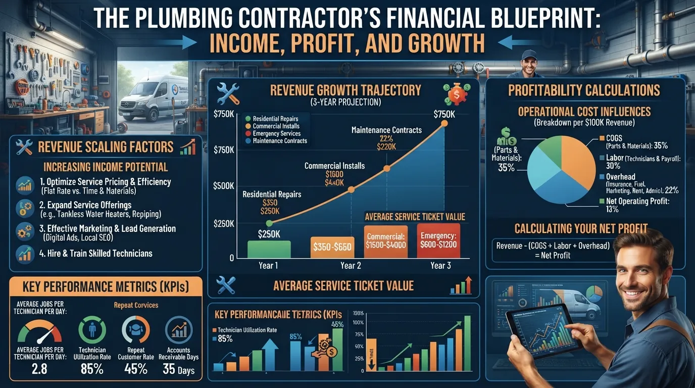 Financial growth chart and calculator highlighting the potential earnings and profit margins of a plumbing business owner