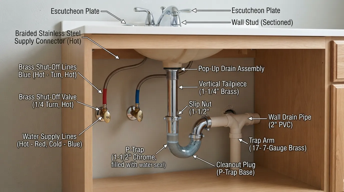 A detailed cross-section diagram showing standard residential sink plumbing layout, including the P-trap, tailpiece, sanitary tee, and water supply lines under the basin.