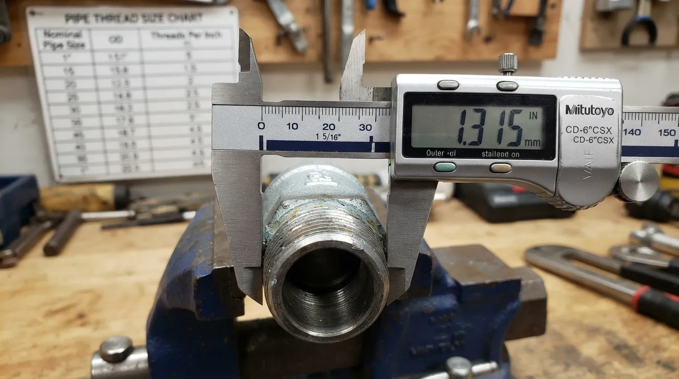 Close-up view of a pair of digital calipers measuring the outer diameter of a male iron pipe (MIP) thread to determine its correct size.
