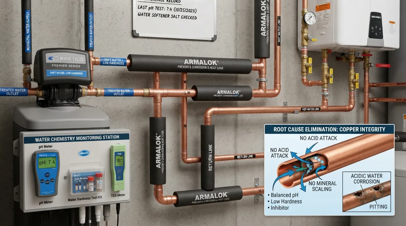 Water filtration system and pH testing kit installed on copper plumbing lines to prevent pipe corrosion and pinhole leaks