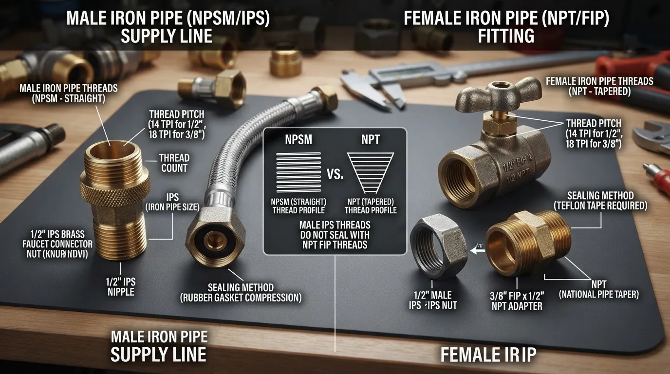 Close-up comparison of plumbing connections showing an Iron Pipe Size (IPS) threaded faucet supply line next to a Female Iron Pipe (FIP) connector.