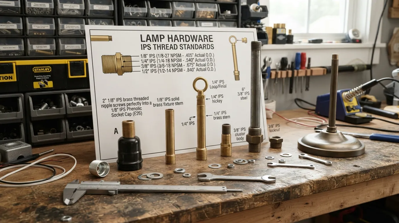 Close-up of lamp hardware and threaded lighting pipes demonstrating Iron Pipe Size (IPS) standards used in lighting fixtures