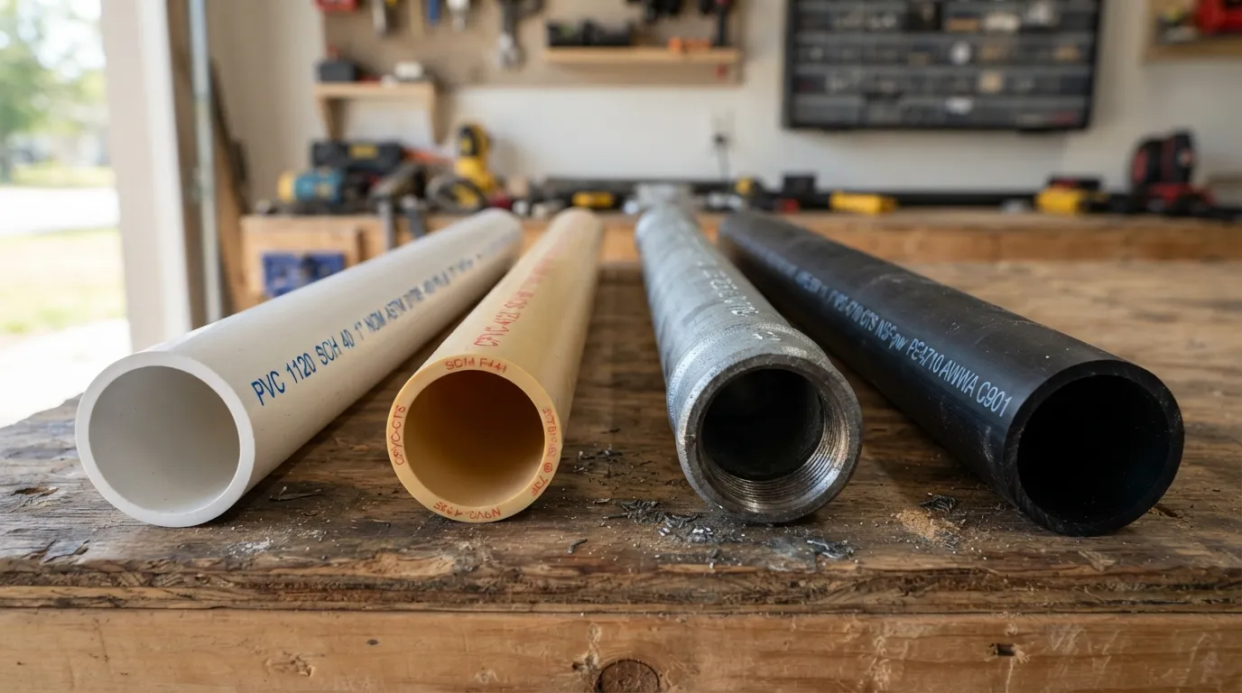 Collection of various IPS pipe materials including white PVC, cream CPVC, galvanized steel, and black HDPE pipes arranged side by side