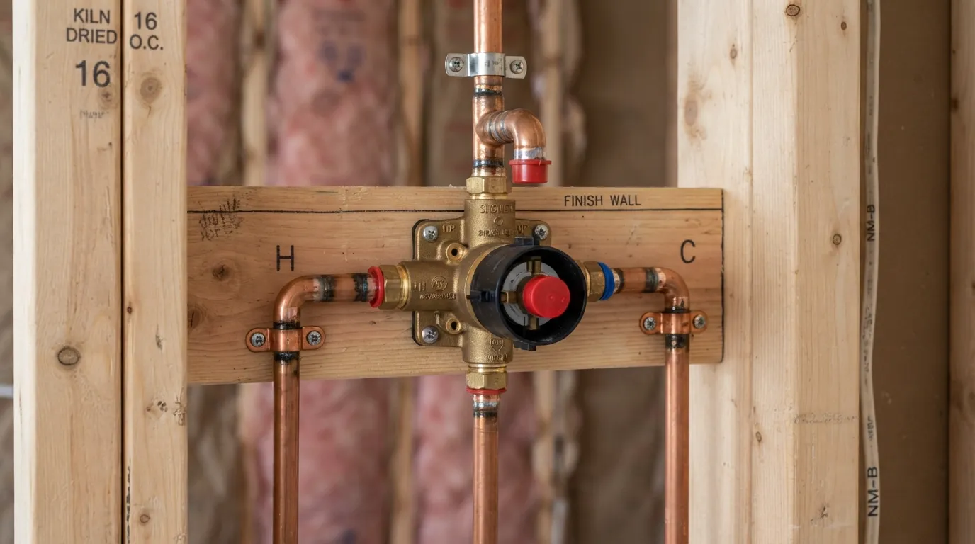 Plumber installing a pressure-balanced shower mixing valve and securing copper supply lines inside a bathroom wall framework.