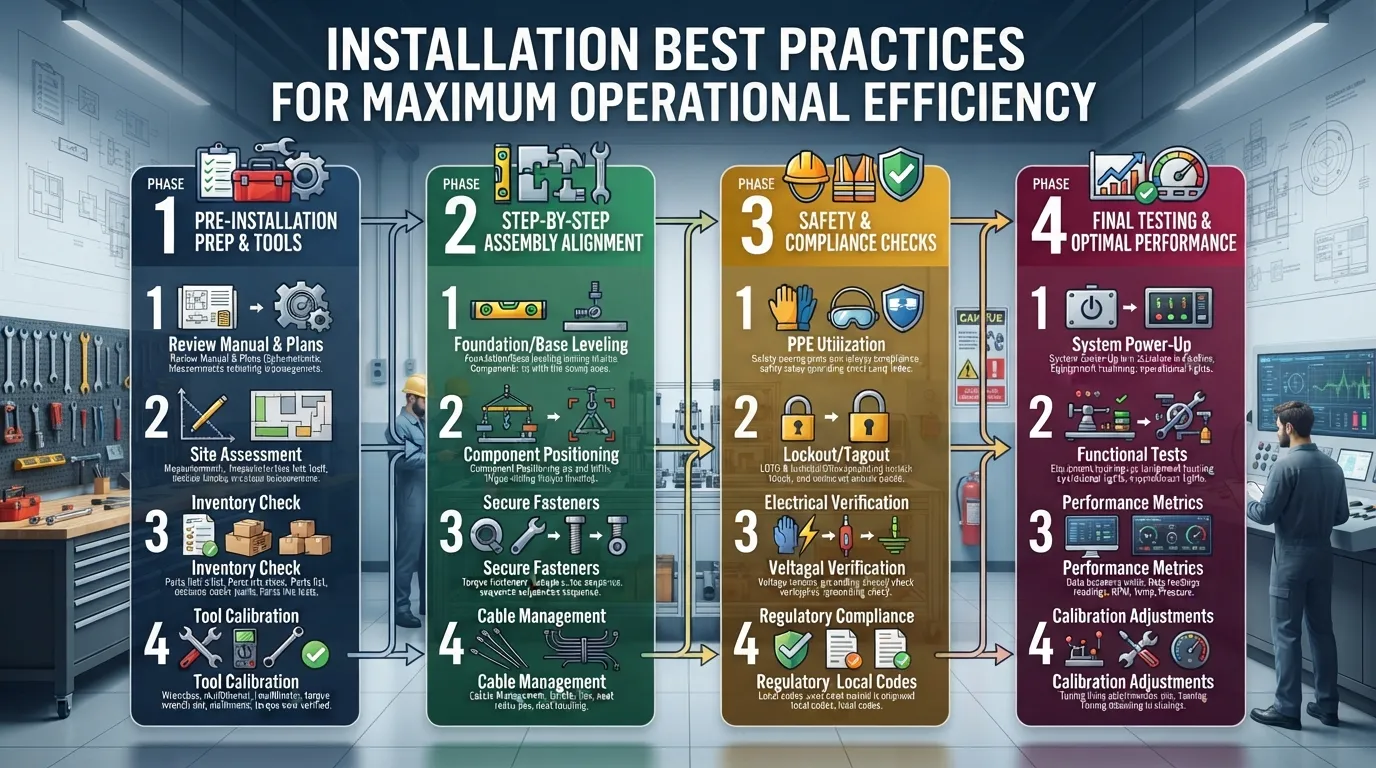An organized layout showing professional installation best practices, including proper tool placement, safety gear, and step-by-step efficiency guidelines for a successful setup.
