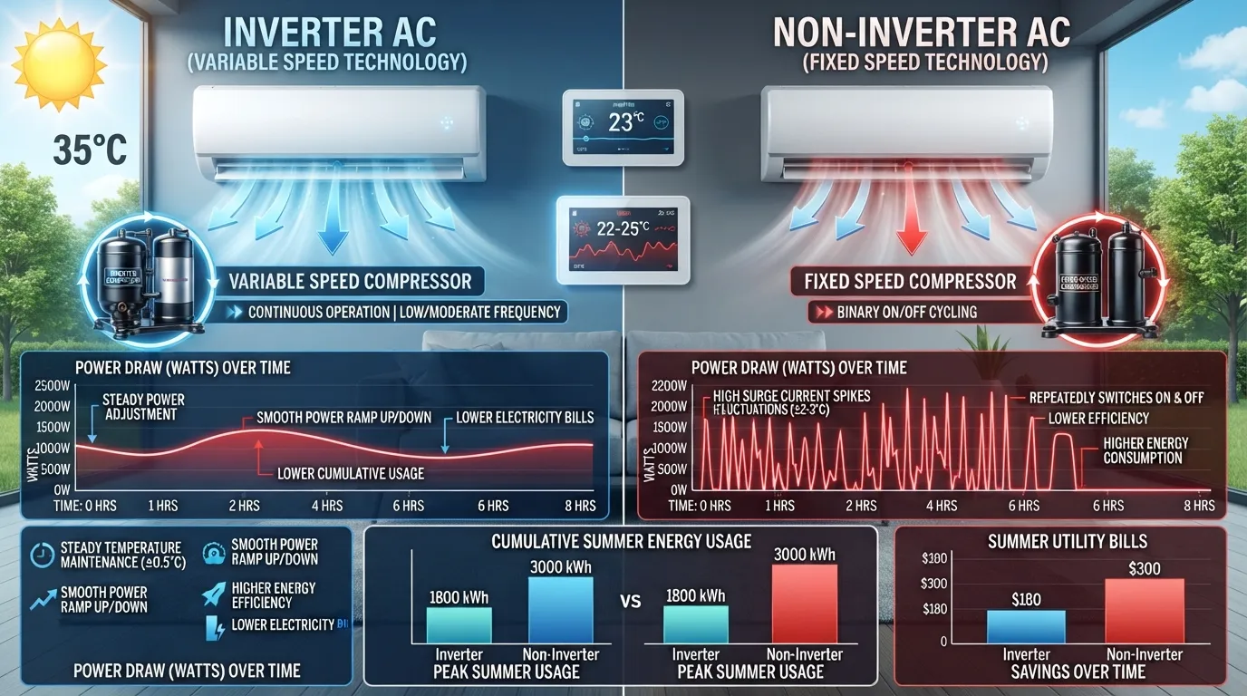 A side-by-side comparison infographic showing an inverter AC running at variable compressor speeds for energy saving versus a non-inverter AC operating at fixed maximum power during peak summer.