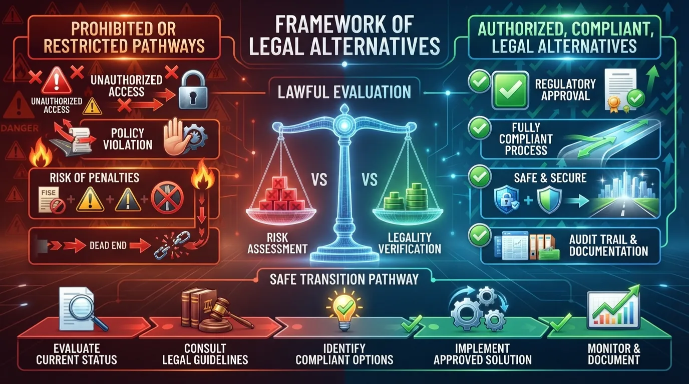 A comparison chart showing legal alternatives versus prohibited options, highlighting compliance, authorized sources, and lawful pathways.