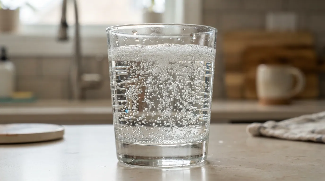 A clear glass of tap water filled with tiny air bubbles sitting on a kitchen counter, illustrating aerated or bubbly water.