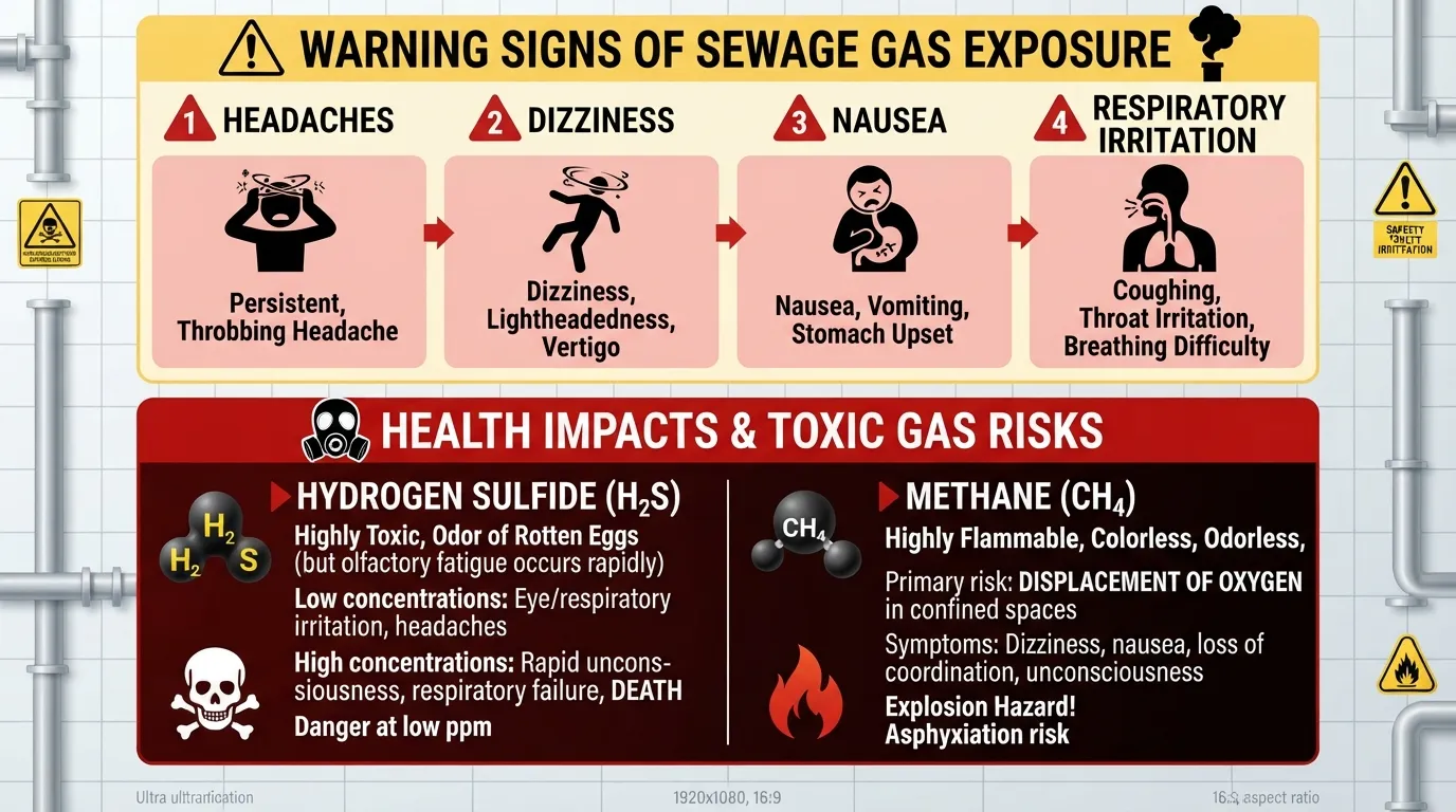 Infographic illustrating the health and safety risks of a sewage smell, including toxic gas exposure and symptoms like dizziness and nausea.