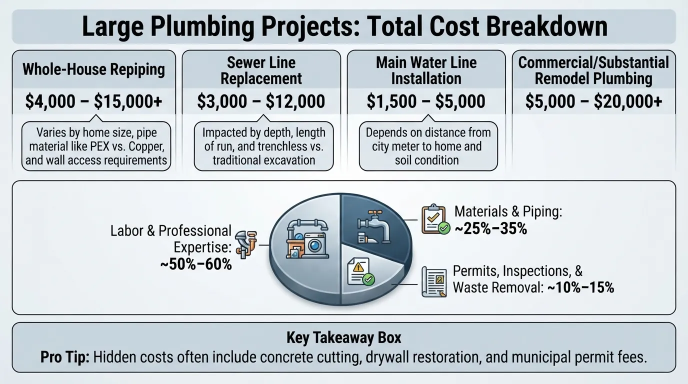 A high-resolution visual cost breakdown chart for major residential plumbing projects, detailing estimated price ranges and key expense factors like labor, materials, and permits.